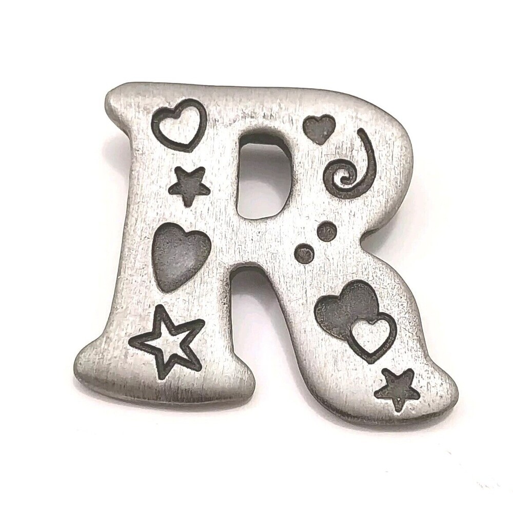 Pin Brooch "R" Metallic Gray With Hearts & Stars #J005